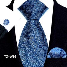 Classic Paisley Blue White Jacquard Silk Men's Tie Necktie Hanky Cufflink Set