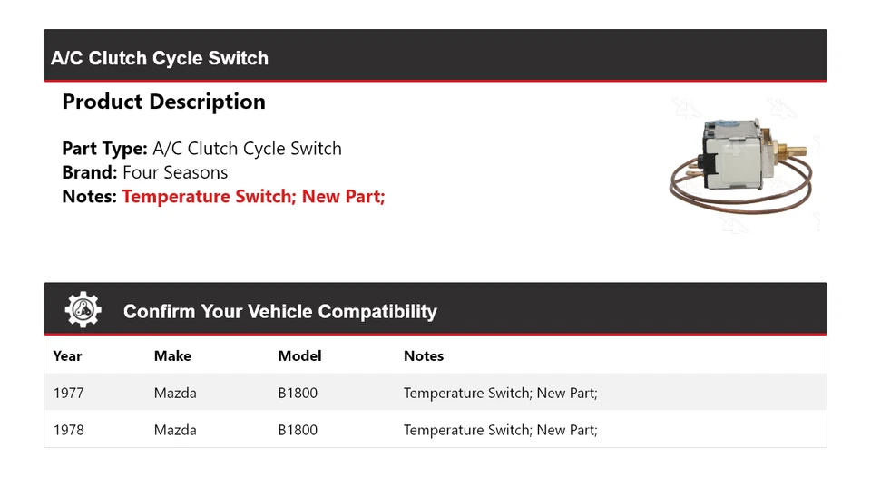 Interruptor de ciclo de embrague de aire acondicionado para Mazda B1800 1977-1978 4 estaciones Foto 2 de 4