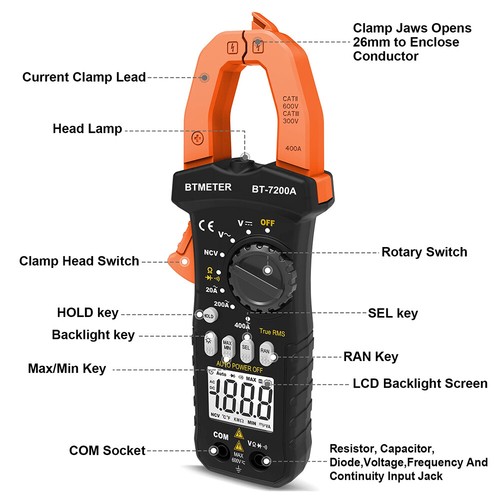 Digital Zangen Multimeter AC DC Zangenmessgerät Stromzange Diodentest,Widerstand - Bild 7 von 8