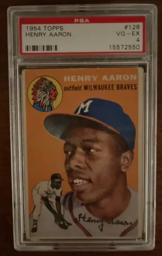 1954 Topps Baseball Hank Aaron rookie card RC 128 well-centered Deep Color PSA 4