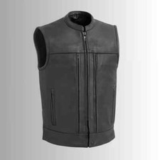 Men's Black Leather Vest Motorcycle Biker Sleeveless Zip-Up Jacket