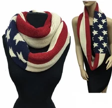 Warm Winter Scarf Infinity Loop Knit Red Blue Stars Striped USA Flag American