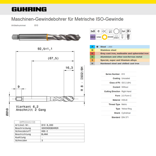 Gewindebohrer M8 HSS-E GÜHRING № 810 DIN371 ISO2/6H GELBRING 1 Stück NEU - Bild 6 von 7