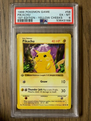 PSA 6 - Pokemon Yellow Cheeks PIKACHU - Grey Stamp - 1ST Edition Base Shadowless
