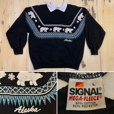 ALASKA - Vtg 80s-90s Polar Bear Signal Black Sweatshirt, Mens MEDIUM-LARGE