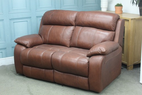EX FURNITURE VILLAGE MORENO STATIC 2 SEATER SOFA IN BROWN/TAN LEATHER - Picture 2 of 11