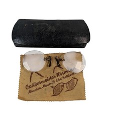 Antique Pince Nez Eye Glasses Rimless Gold Filled Bridge Leather Case Germany