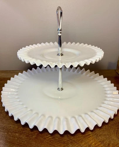 Vintage Milk Glass Ruffled Edged Two Tiered Cake Stand, Hobnailed Underneath.