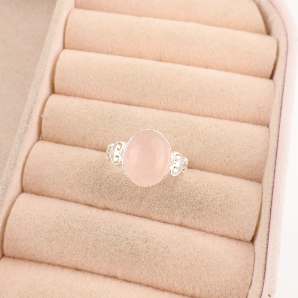 925 Серебряный натуральный розовый кварц безель заявление сердце чакра день рождения сестра кольцо - Изображение 4 из 4