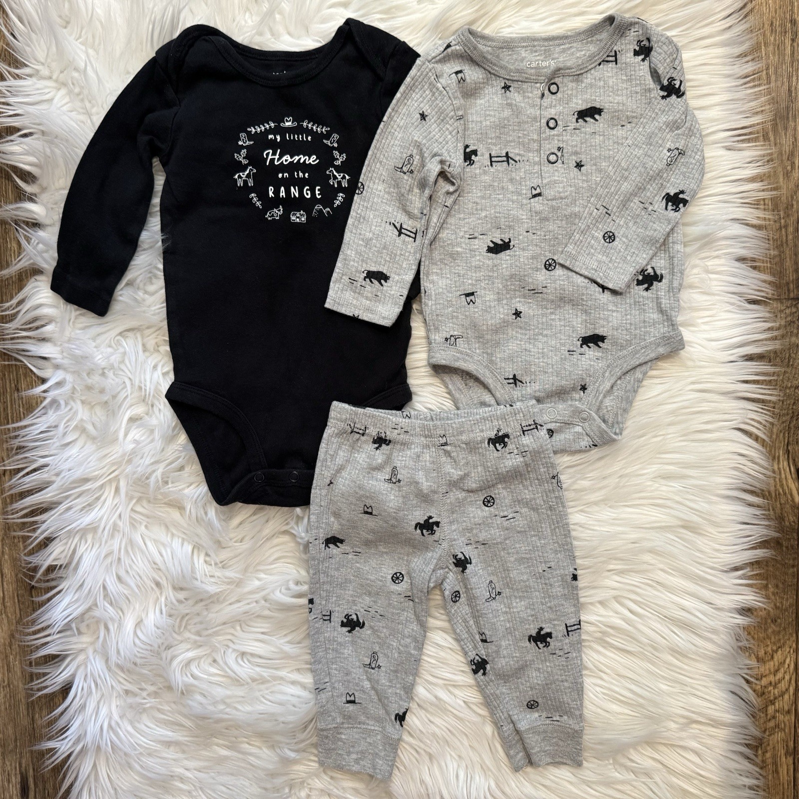 Carter’s Baby Boy 3pc Western Set 6M Long Sleeve Bodysuits Pants Cowboy Print