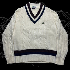 Vintage IZOD Lacoste Cable Knit V-Neck Pullover Cream Preppy