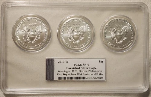 2017-W BURNISHED SILVER EAGLE  *3 COIN SET* PCGS SP 70- FDI 225 ANNIV. US MINT