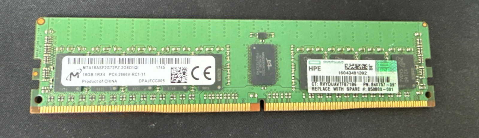 HP Micron 16GB 1RX4 PC4-2666V-RC1 ECC REG Server Memory - 840757-091 850880-001