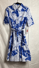 NWT Calvin Klein Blue Floral S/S Button Down 2 Pocket Midi Dress w/ Belt Sz. 4