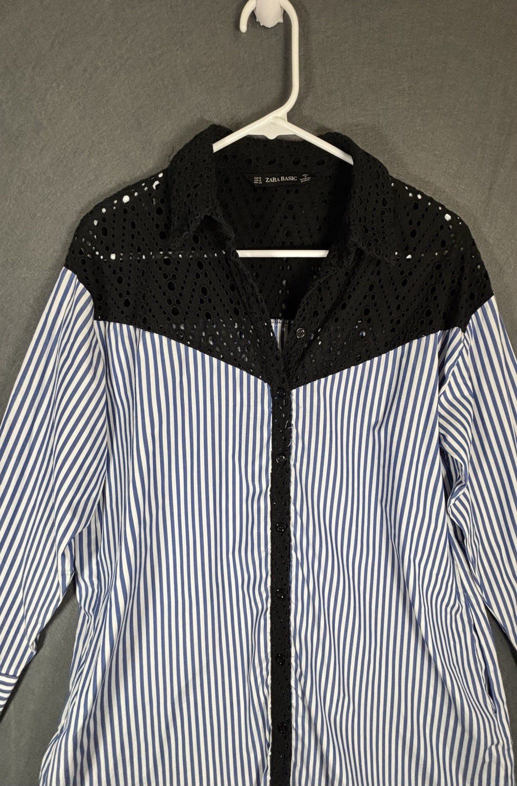 Zara Basic Blouse Women's M Blue White Stripe Black Lace Long Sleeve Button image 3