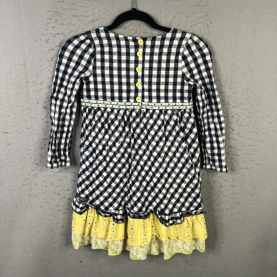 Matilda Jane Dress Girls 8 Navy White Gingham Long Sleeve Yellow Ruffle Eyelet - Image 2 of 4