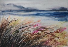 Original Watercolor  Painting Seascape. Lagoon. Beach. Sand. Calm sea.