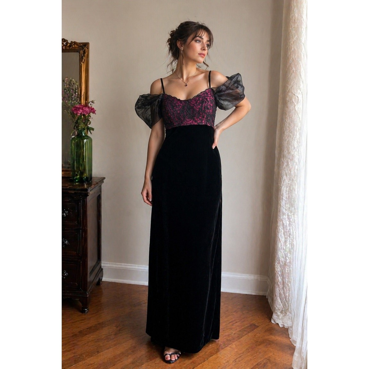 Vintage Jessica McClintock Gunne Sax Velvet Empire Waist Beaded Maxi Gown 9  GUC | eBay