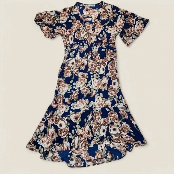 Floral Midi Dress High Low Ruffle Hem S Navy Blue Cottagecore Kentucky Derby