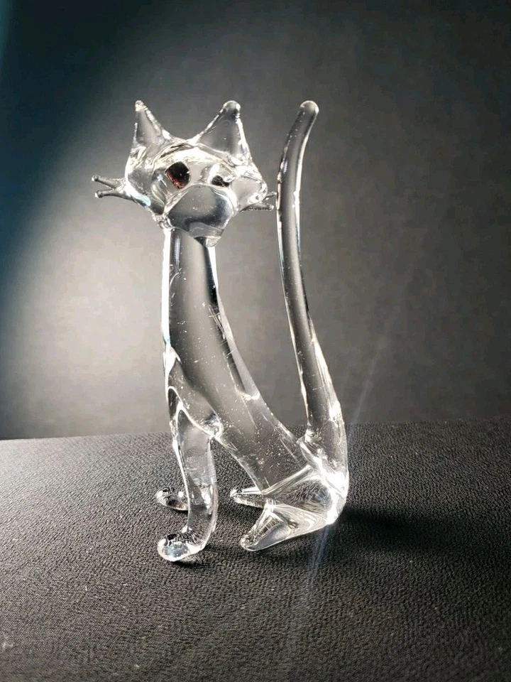 Estatuilla de gato de vidrio soplado a mano alto cuello largo arte vidrio cristal transparente estilo Foto 4 de 4
