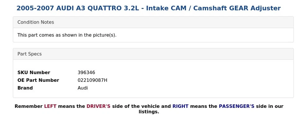 AUDI A3 QUATTRO 2005-2007 3,2 L - cámara de admisión / árbol de levas ajuste de engranajes Foto 3 de 4