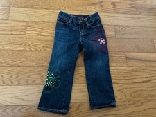 GAP GIRL SZ 3 Denim Jeans w/ Embroidered Flowers  Adjustable Waistband