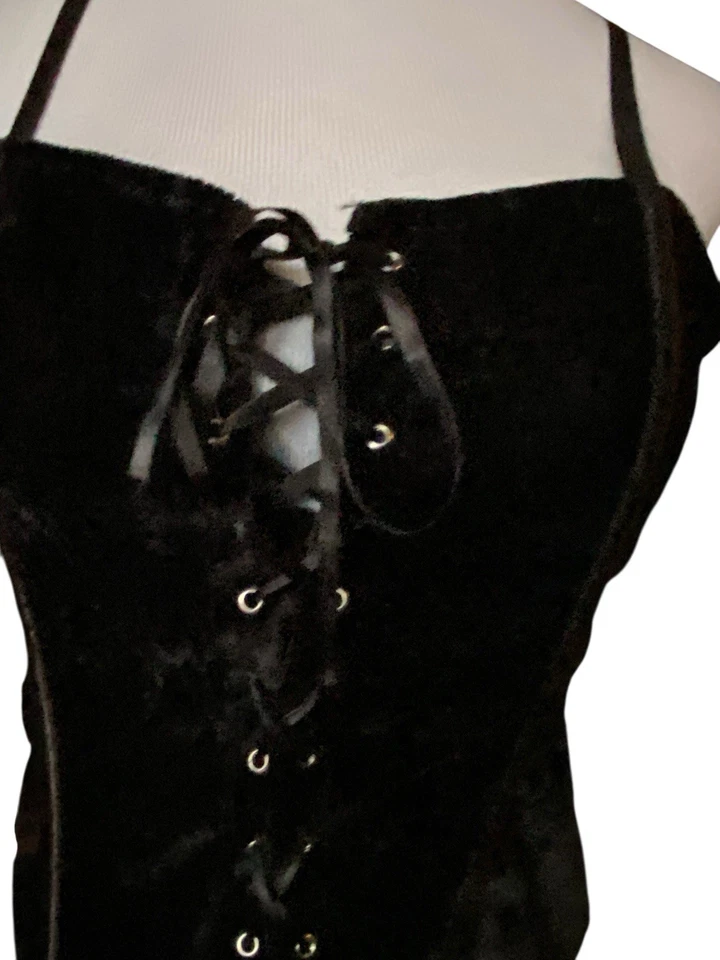 Black Velvet Lace-Up Corset Top Size L Gothic Y2K Vamp Witchy Bustier Sexy Club - Image 2 of 4
