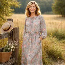 Andrea Women Vintage Soft Floral Midi Dress M Stretch Button Front Sheer Cottage