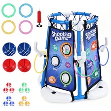 4-in-1 Floating Pool Basketball Hoop Set: Includes Ring Toss Game, Air Pump L...