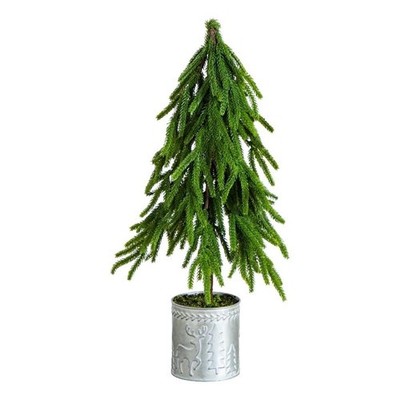 Nearly Natural 20'' Down Swept Norfolk Island Pine in Christmas Tin Metal Planter