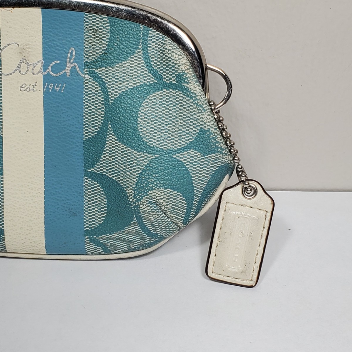 Vtg Y2K Coach Signature Logo Kiss lock Coin Purse Blue White