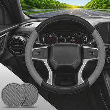 Genuine Leather Steering Wheel Cover With 2 Car Coasters Anti-slip Fit 15 Black