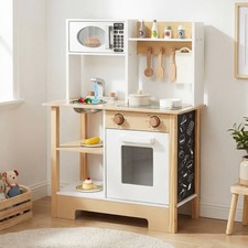 Play Kitchen, Wooden Toy Kitchen Playset w/Chalkboard, Microwave, Dish Rack