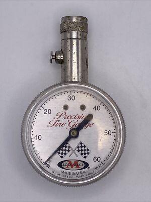 Vtg/Rare Meiser Accu-Gage Metal Tire Gauge USA 60 PSI Checkered Flag 1032 Tested