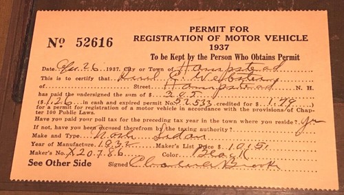 New Hampshire Original Motor Vehicle Registration U Pick - Picture 3 of 18
