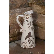 New French Country Chic Rustic AGED WHITE BIRD POTTERY Jug Crock Vase Pitcher