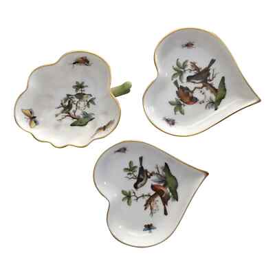 SET OF 3 Herend Handpainted ROTHSCHILD BIRD TRINKET RING HEART LEAF Dish