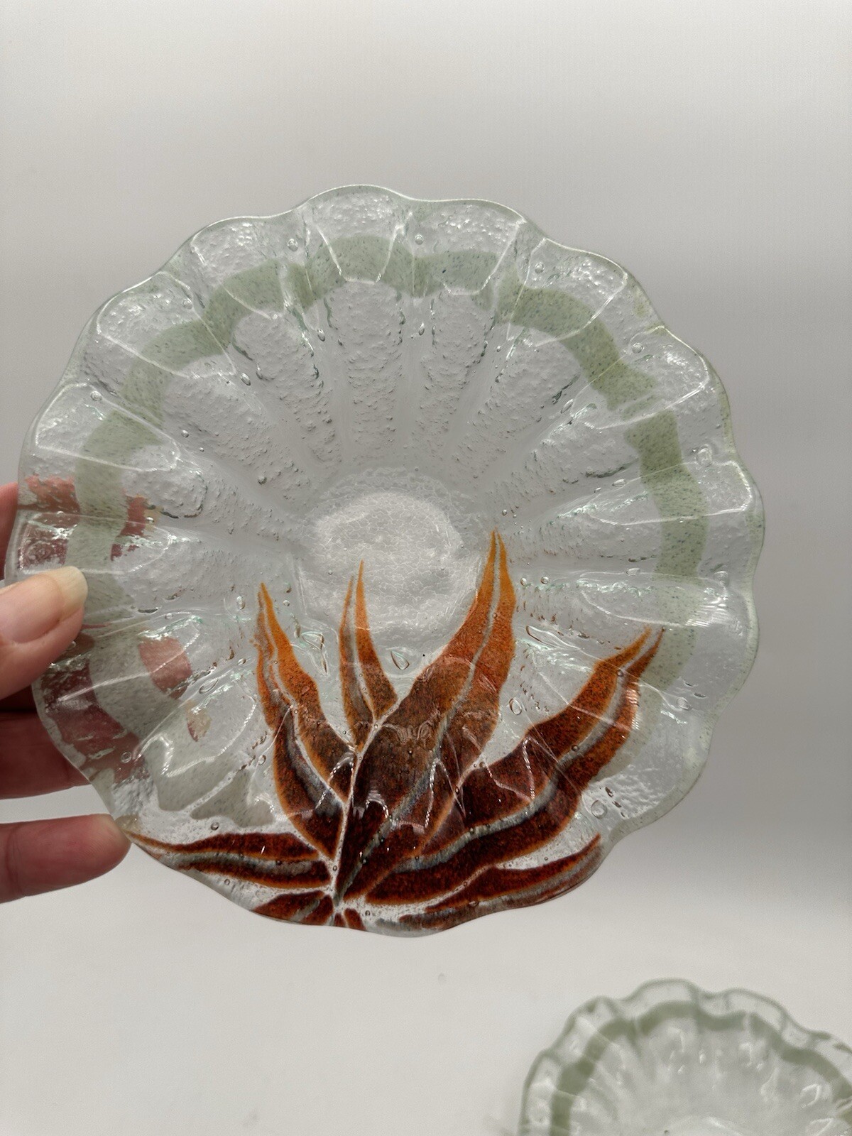 Fused Glass Plate And Bowl Set Of Four Bamboo Style Edging With Red Agave Plant 