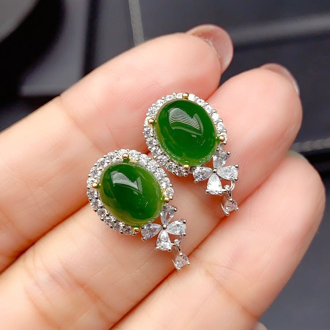 New Oval Shaped Green Jade Mix White Topaz Classical Women