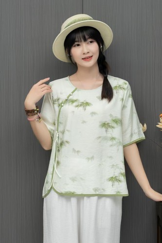 Womens Retro floral Printed Cotton Linen Tops Shirt Round Neck Short Sleeves New - Picture 33 of 44