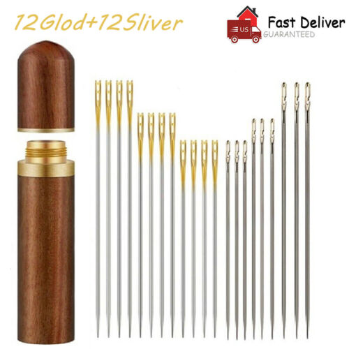 24Pcs Stainless Steel Self-threading Needles Opening Sewing Darning Needles US - Afbeelding 1 van 7