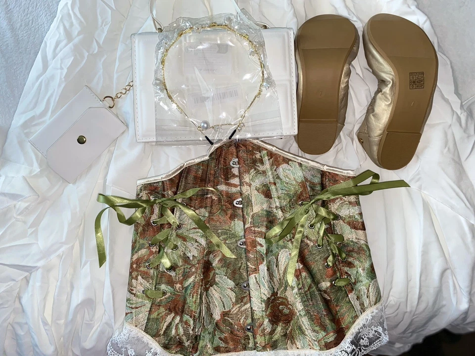 Fantasia feminina renascentista (vestido, bolsa de ouro branco N, sapatilhas, espartilho, faixa de cabeça) - Imagem 2 de 4