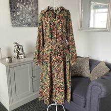 Green Leaf Print Collared Long Sleeve Buttoned Belted Maxi Shirt Dress S 8-10