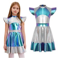 US Kids Girls Metallic Dance Dress Roly Play Alien Cosplay Outer Space Costume