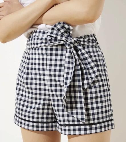 LOFT Gingham Tie Waist Shorts Navy Blue 