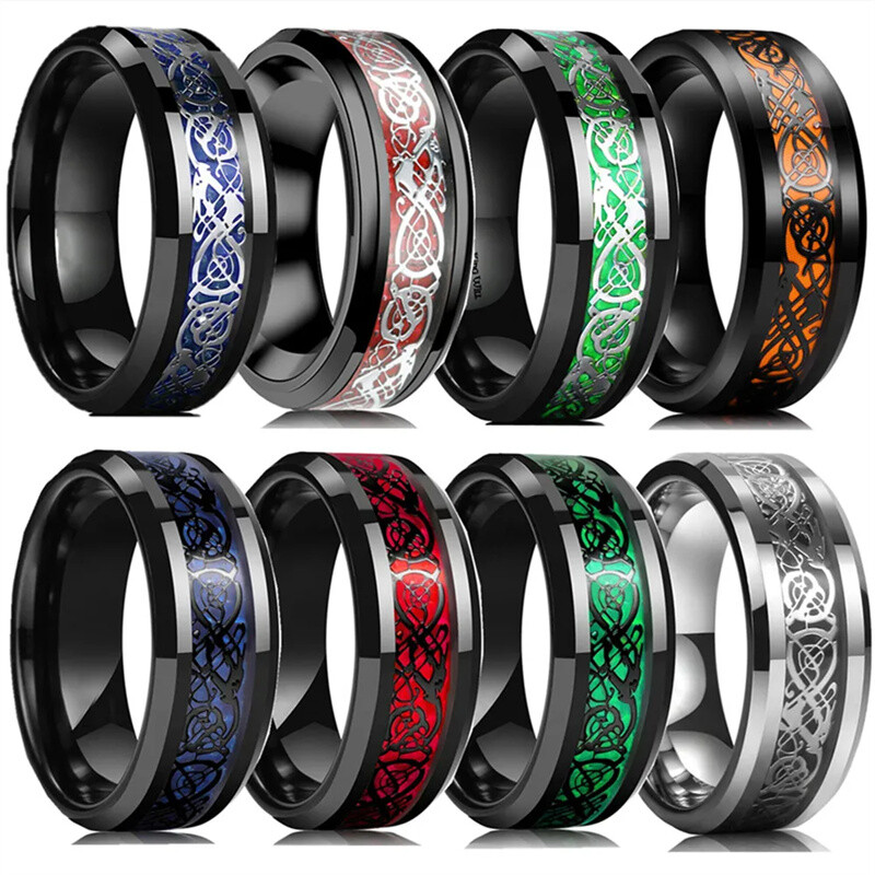 Men Cool Mens Stainless Steel Carbon Fiber Dragon Rings Rose jewelry