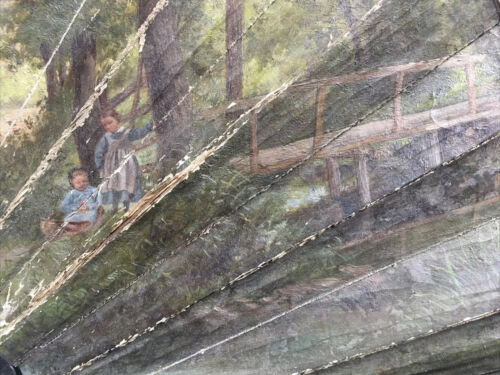 "Landscape / Children 19th Century" Antique Oil on Large Fan, Signed. To Restore - Picture 3 of 24