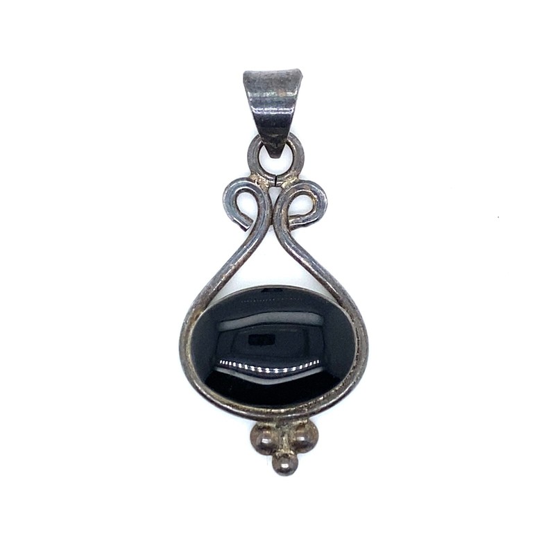 Vintage ATI Sterling Silver Black Onyx Pendant Modernist Teardrop Design