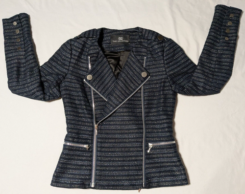 TART COLLECTIONS Women XS Blue Silver Combo Tweed Double Zip Blazer Moto Jacket - Picture 9 of 18