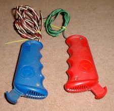 2 Strombecker Thumb Style Controllers with Wires  NO Plug-Ins 9305 Red  Blue